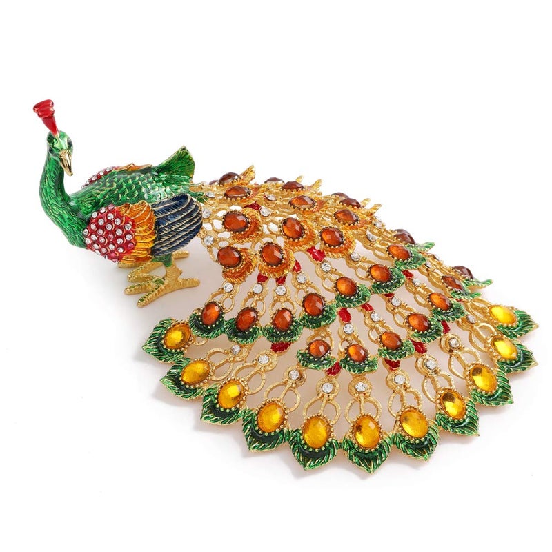 Furuida Peacock Trinket Boxes Hinged Enameled Jewelry Box Hand-Painted Animals Ornaments Craft Gift for Home Decor (Green) - Image 1